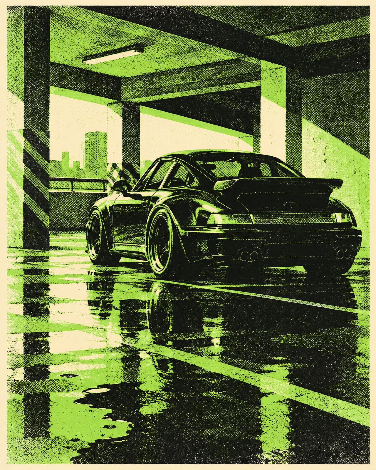 Lime screen-print poster of a foam-covered Porsche in a Dubai parking garage